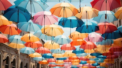 Fototapeta na wymiar a bunch of umbrellas that are hanging in the air. generative ai