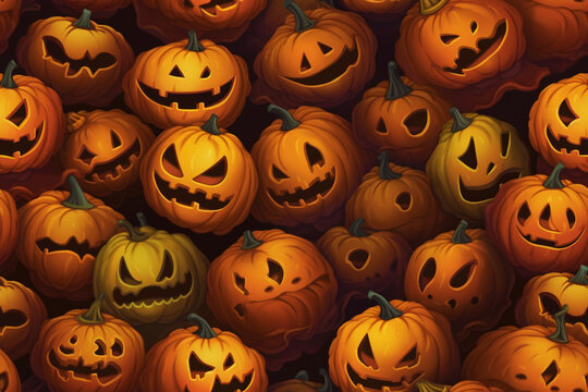 A lot of Halloween pumpkin with carving face seamless pattern