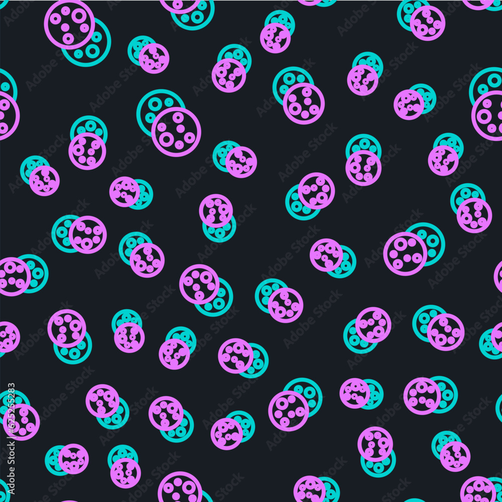 Poster line cookie or biscuit with chocolate icon isolated seamless pattern on black background. vector