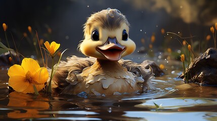  a duckling in the water with yellow flowers in the background.  generative ai - obrazy, fototapety, plakaty