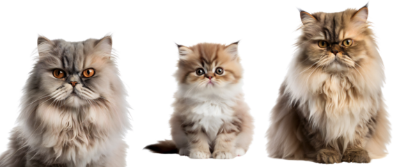Set of persian fluffy cats and small persian kitten. Portrait of a persian cat, persian cat looks straight ahead, small persian kitten. Isolated on a transparent background. KI.