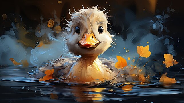  a painting of a duck in the water with leaves floating around.  generative ai