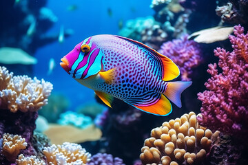 Generative AI a colorful fish swimming through a coral reef - obrazy, fototapety, plakaty
