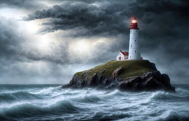Fototapeta na wymiar Lighthouse in Stormy Sea created with Generative AI.