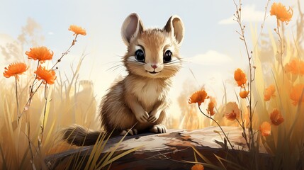  a painting of a small animal sitting on a rock in a field of flowers.  generative ai