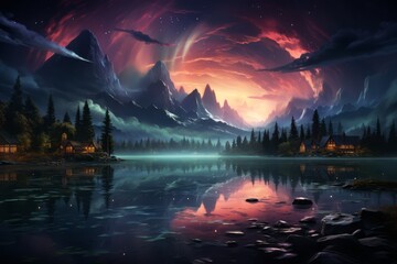 Illustration of a serene landscape with a layer overlay of swirling auroras, creating a magical and ethereal atmosphere. Generative Ai