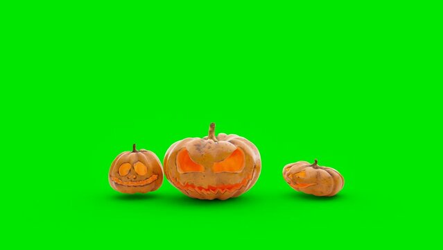 Funny jack o lanterns laughing and jumping pumpkin with shadow footage on green screen, 3D illustrations rendering 