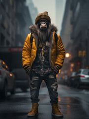 Anthropomorphic chimp monkey wearing a yellow puffy jacket and a wool cap in a city, on downtown street, urban underground retro style and charismatic human attitude