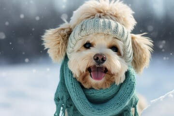 Adorable cute dog in winter clothes in the snow. Generative AI illustration.