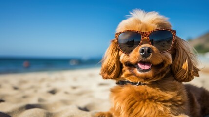Funny dog with sunglasses on a beach. Generative AI illustration.