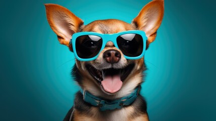 Funny dog with sunglasses isolated on a plain colored background. Generative AI illustration.