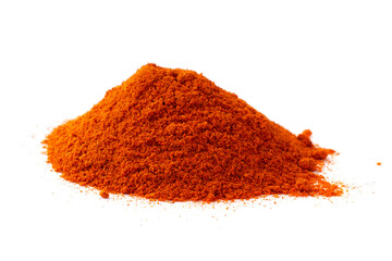 Red pepper powder isolated on white background, top view. Heap of red pepper powder on white background. Red paprika, powder, isolated on white background. Pile of red paprika.