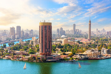 Fototapeta na wymiar Cairo downtown panorama on the Tower, Nile and hotels, Egypt