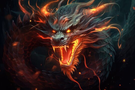 Head Dragon with fire flames on dark background, Mythological creature, Fantasy monster