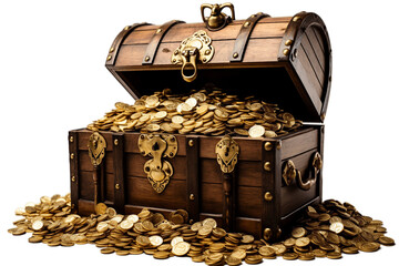 Treasure Chest Full of Gold Coins Isolated on Transparent Background. AI - obrazy, fototapety, plakaty