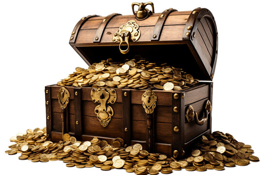 Treasure Chest Full of Gold Coins Isolated on Transparent Background. AI