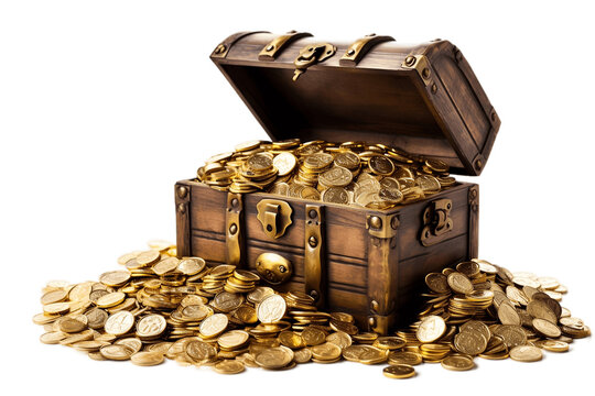 Treasure Chest Full of Gold Coins Isolated on Transparent Background. AI
