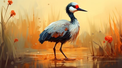  a painting of a bird standing in a pond of water.  generative ai