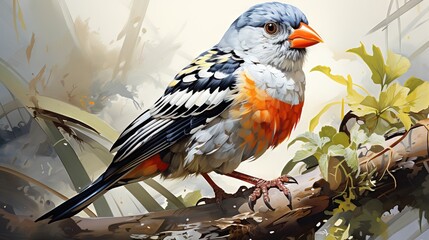  a colorful bird sitting on a branch of a tree with leaves.  generative ai