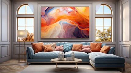  a living room with a blue couch and a painting on the wall.  generative ai