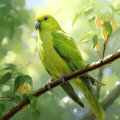  a green bird perched on a branch of a tree with leaves.  generative ai