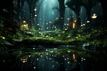 Illustration of a lush forest landscape with glowing fireflies, capturing the beauty of nature at night. Generative Ai