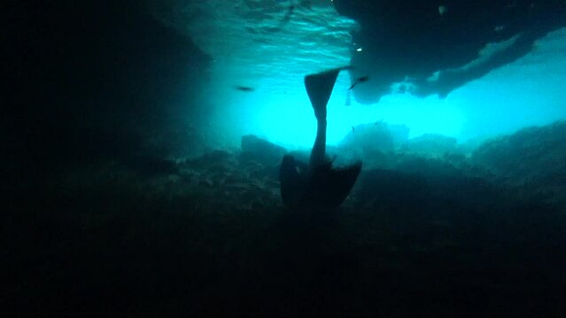 Freediving cave in ibiza one breath scenery underwater long apnea 4kuhd