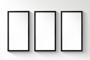 Three blank frames hanging on a wall, thin black frame, portrait, mockup, generative ai