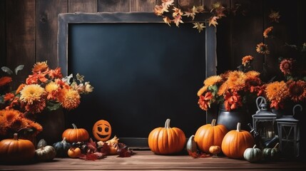 Halloween welcome signboard mock up with pumpkins and flowers. Blackboard with autumn holiday decoration and copy space.  Generative AI