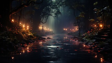  a dark forest filled with lots of lights and water at night.  generative ai