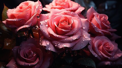  a bunch of pink roses with water droplets on them,.  generative ai