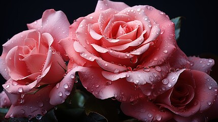  two pink roses with water droplets on them on a black background.  generative ai