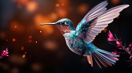 Fototapeta premium a colorful bird flying through the air with its wings spread. generative ai