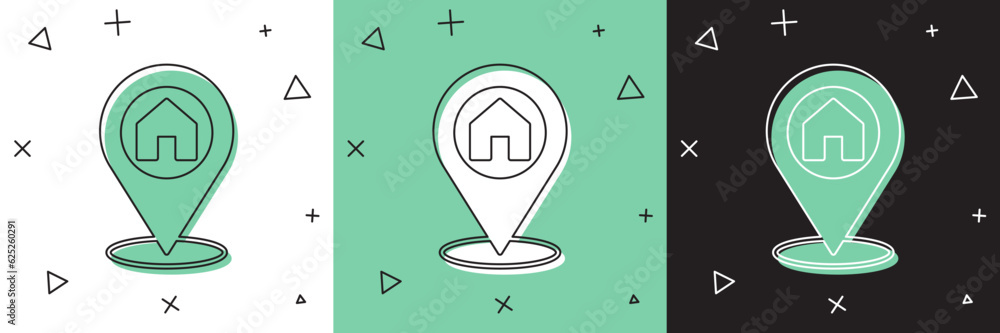 Poster set map pointer with house icon isolated on white and green, black background. home location marker 