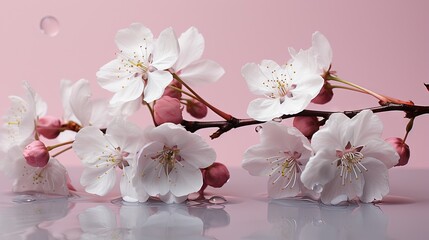 a group of white flowers on a pink background with water droplets.  generative ai