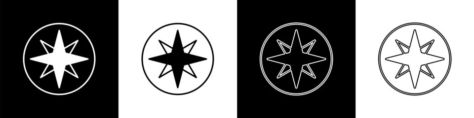 Set Wind rose icon isolated on black and white background. Compass icon for travel. Navigation design. Vector