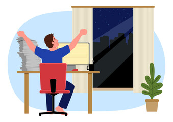 Clip art of a man stretching to release tension while working late in his apartment at midnight, vector illustration