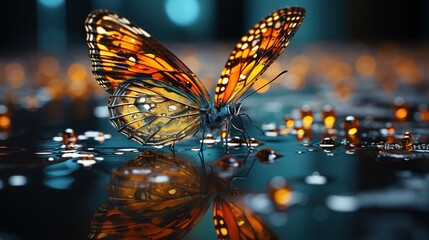  a butterfly that is sitting on a surface with water on it.  generative ai