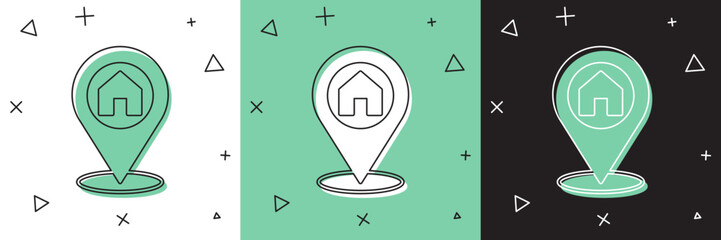 Set Map pointer with house icon isolated on white and green, black background. Home location marker symbol. Vector