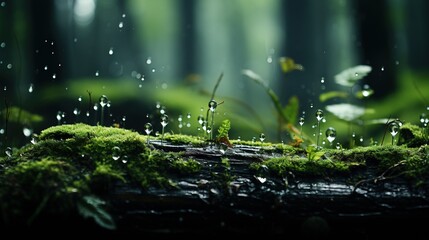  a moss covered log in the middle of a forest filled with raindrops.  generative ai
