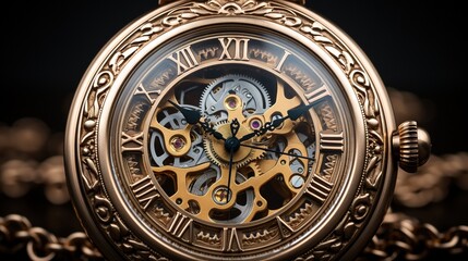 Fototapeta na wymiar a close up of a gold pocket watch on a chain. generative ai
