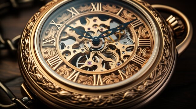  a close up of a gold pocket watch on a table.  generative ai