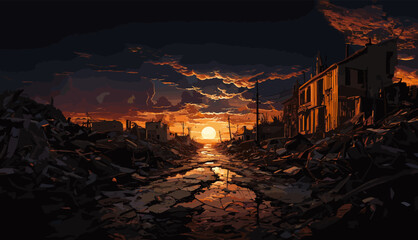 Vector illustration. Ruined city after the war. Post-apocalyptic.