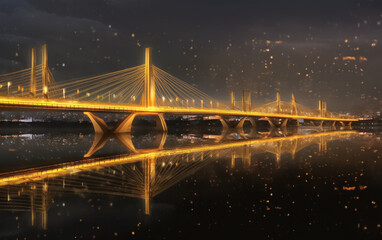 illustrated of Highway bridge across a river. Sunset at the bridge across river. Bridge across river against sunset sky. Generative AI.