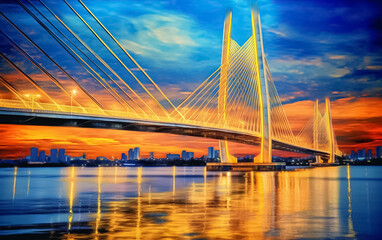 Obraz premium illustrated of Highway bridge across a river. Sunset at the bridge across river. Bridge across river against sunset sky. Generative AI.