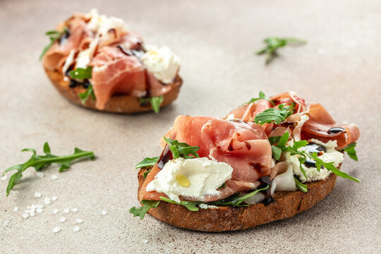 Bruschetta With Prosciutto And Cream Cheese. Appetizers. Restaurant Menu, Dieting, Cookbook Recipe Top View