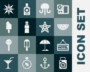 Set Photo camera, Signboard with text Hotel, Watermelon, Jellyfish, Bottle of water, Ice cream, Wind rose and Starfish icon. Vector