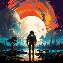 Vector illustration. Fantastic picture. An astronaut stands on the shore of a lake on an unknown planet.