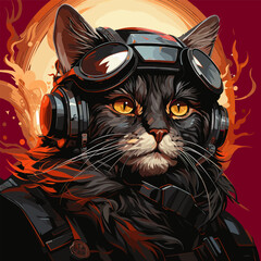 Vector illustration. Military cat in steampunk style.