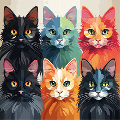 Vector illustration. Six polygonal cats.